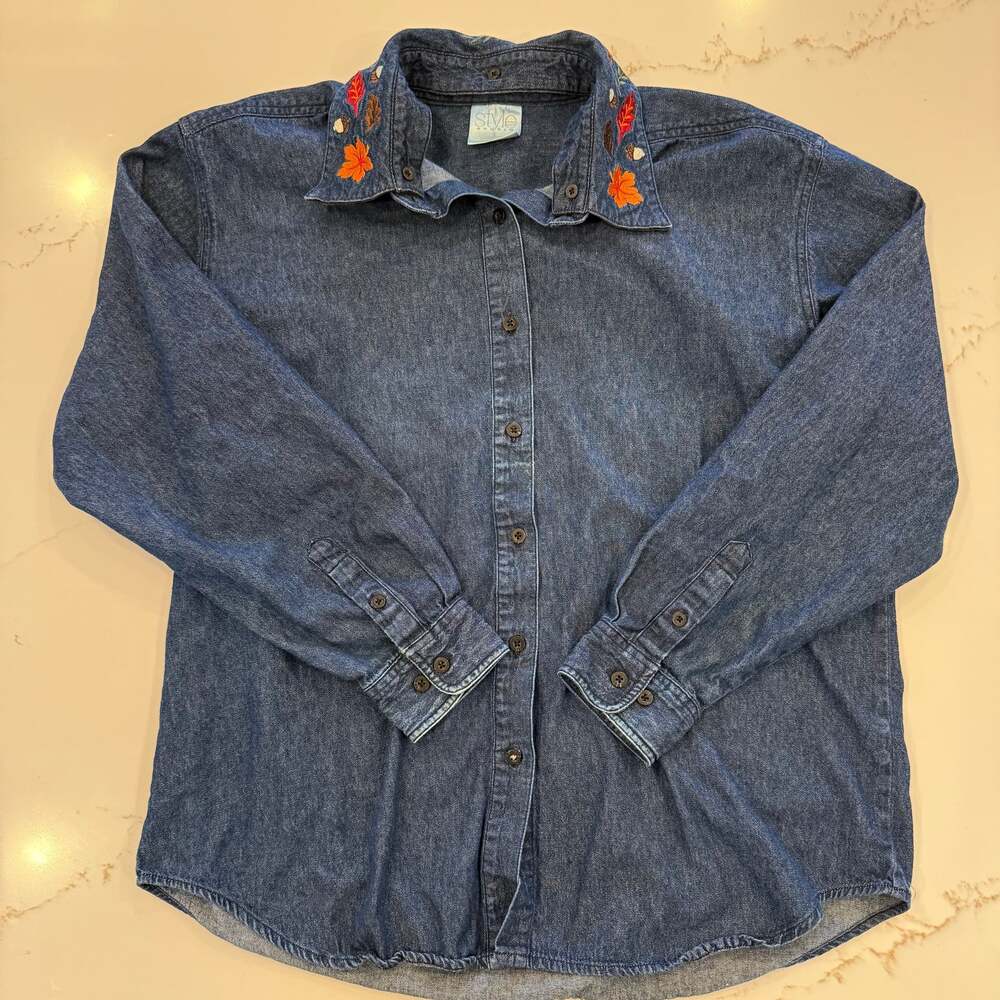 Style Studio Embroidered Denim Button Down Shirt Floral Collar Cotton L
